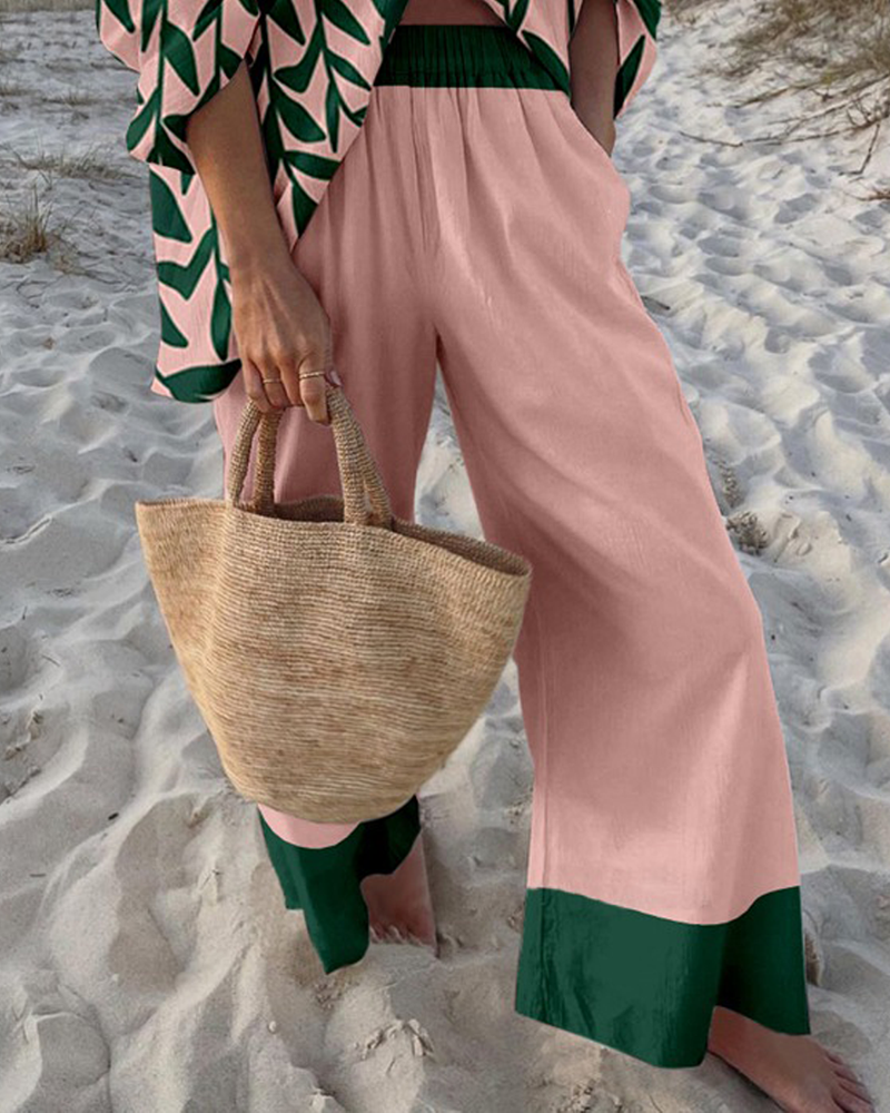 Leaf Print Shirt & Pants Two-Piece Set