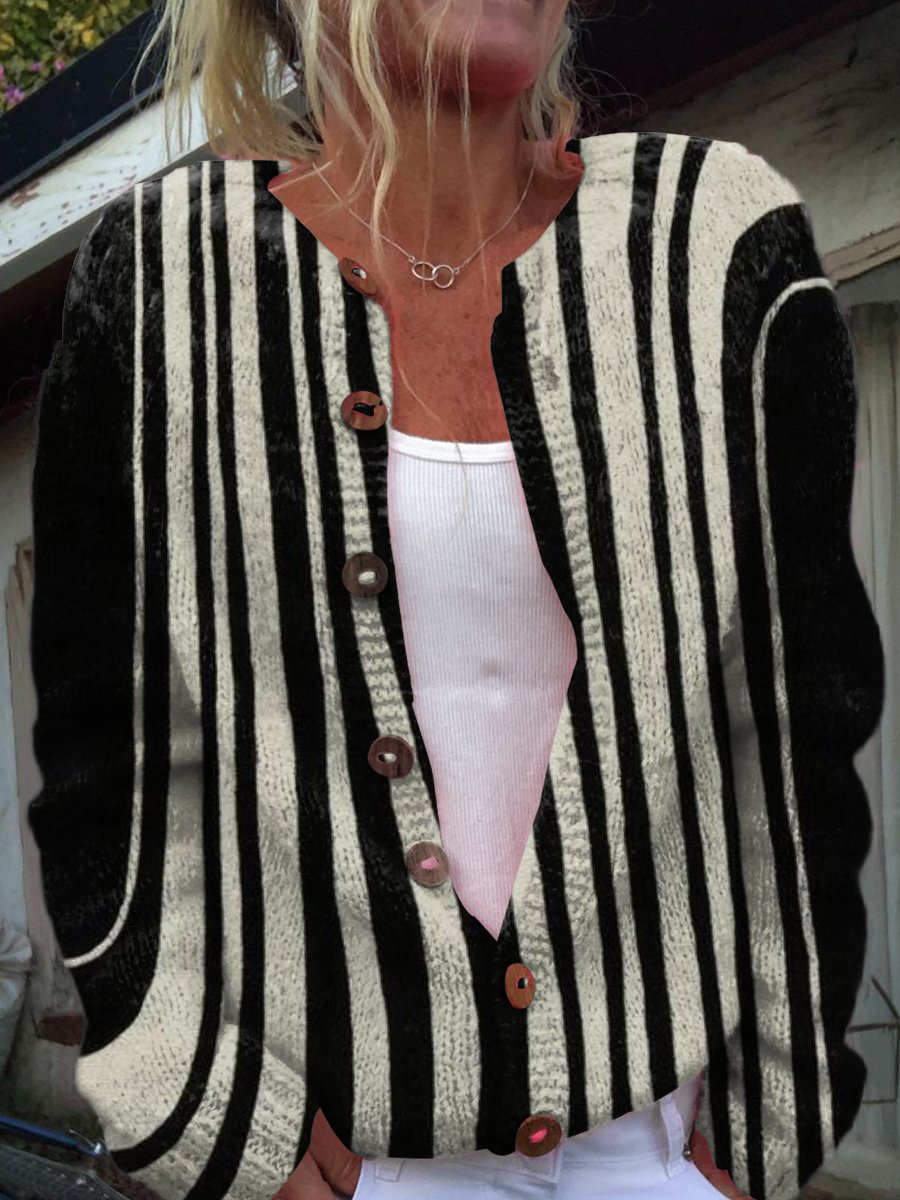 Black and White Ripples Print Buttoned Cardigan Sweater