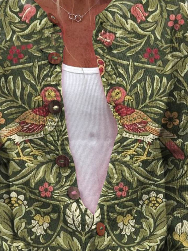 Women's Vintage Lovely Floral Birds Art Print Buttoned Cardigan Sweater