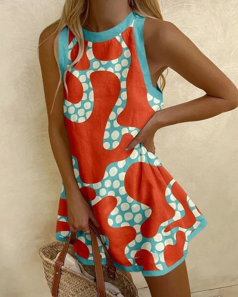 Geometric colorblock print mini dress