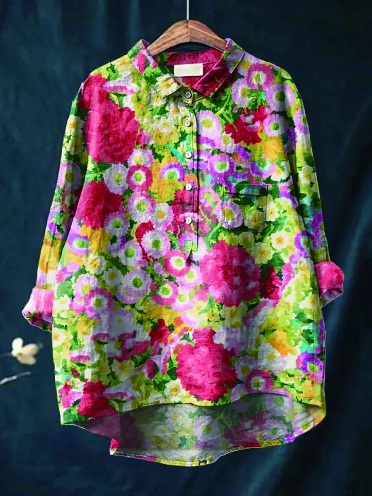 Women's Flower Print Casual Cotton And Linen Shirt