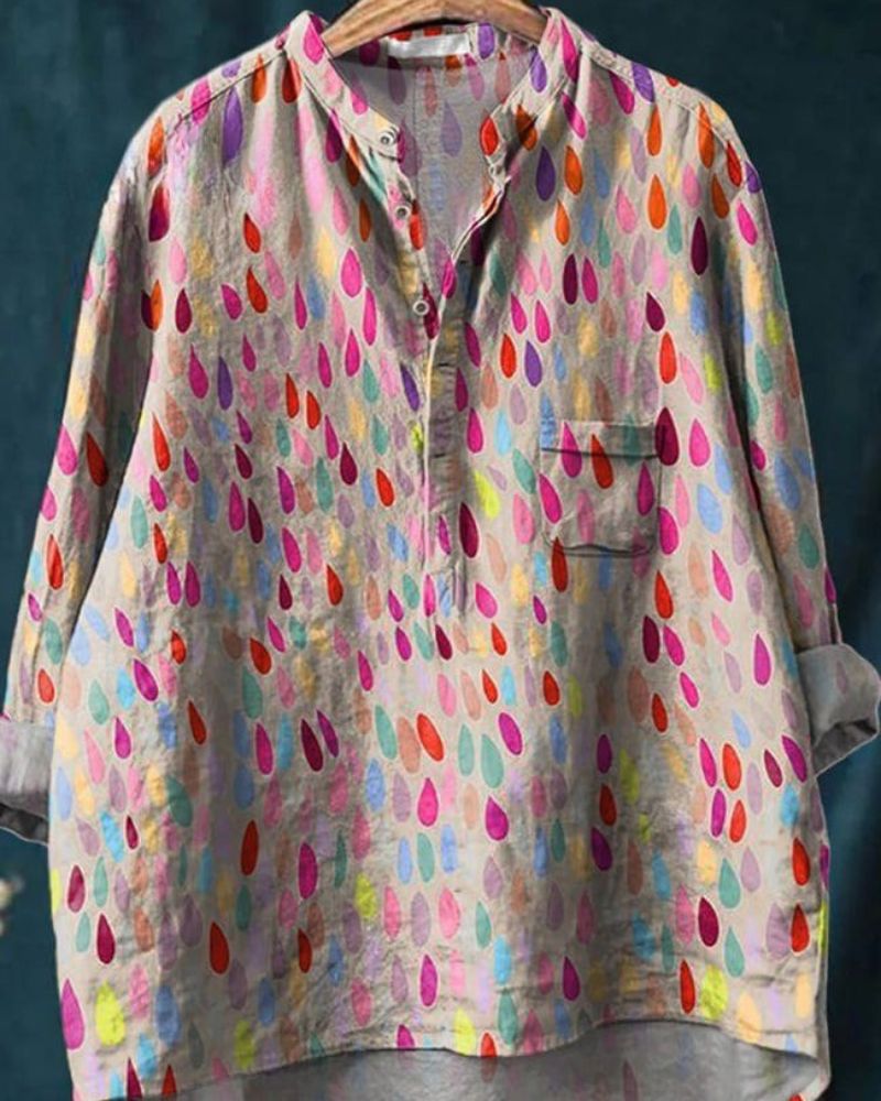 Colorful Water Droplet Pattern Printed Women's Casual Long Sleeve Comfortable Cotton Shirt