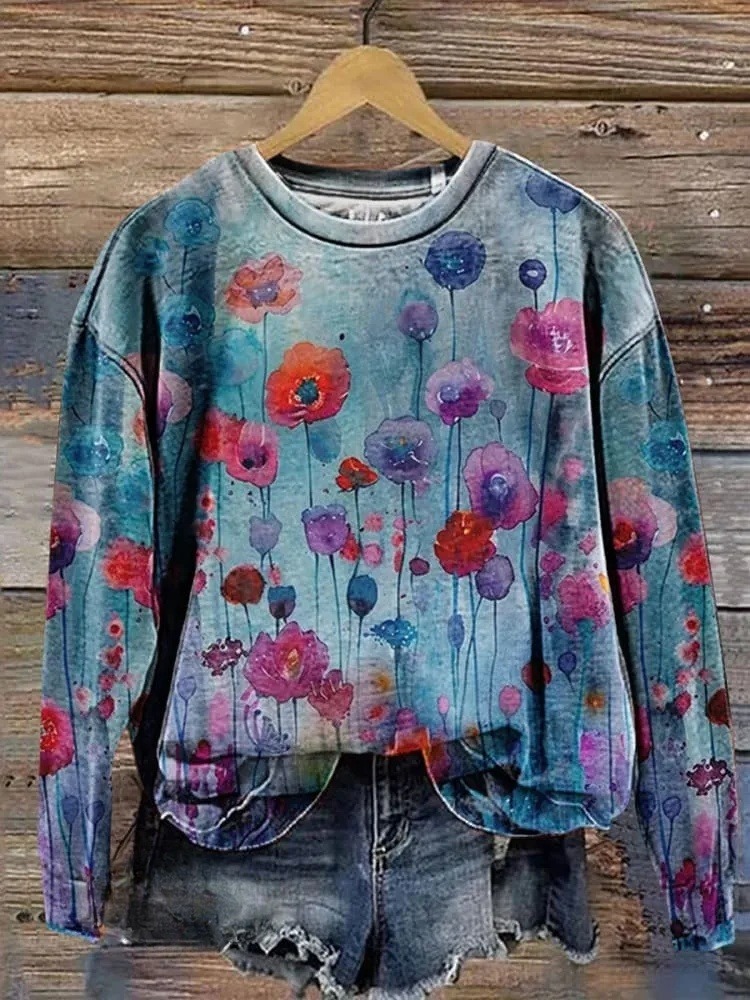 Vintage Floral Art Print Casual Cotton Sweatshirt
