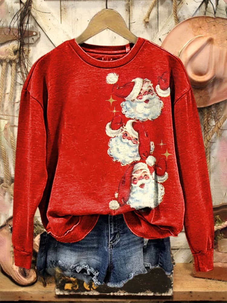 Vintage Christmas Santa Claus Print Casual Cotton Sweatshirt