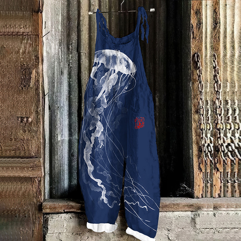 Japanese Art Jellyfish Print Casual Jumpsuit
