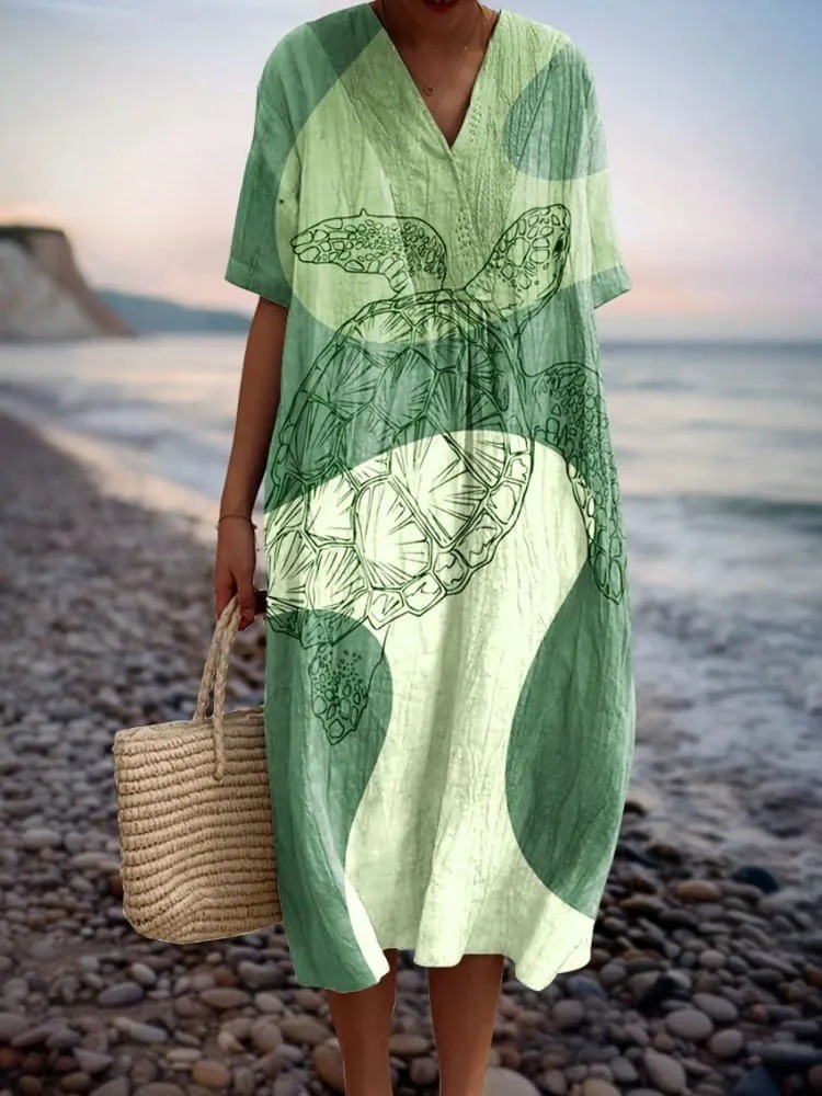 Women's Vintage Ocean Turtle Art Print Flowy Dress