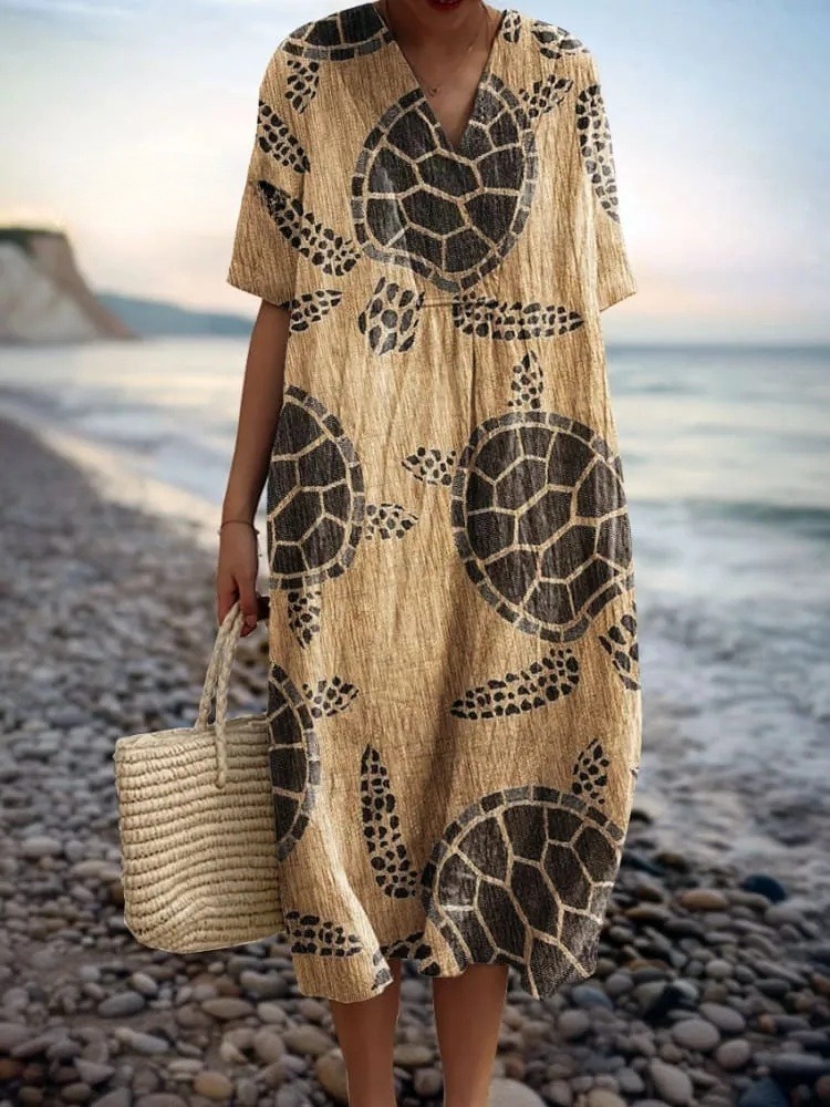 Women's Vintage Ocean Turtle Art Print Flowy Dress