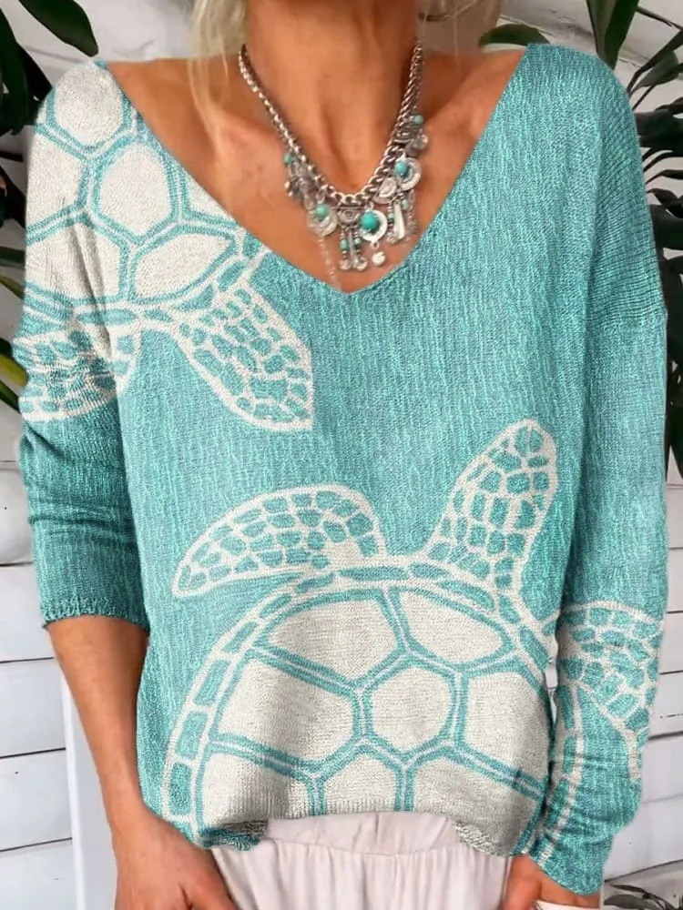 Vintage Ocean Turtle Art Print V-neck Pullover Knit Top