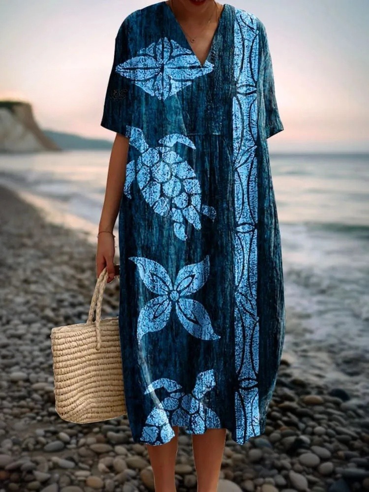 Women's Vintage Ocean Turtle Art Print Flowy Dress