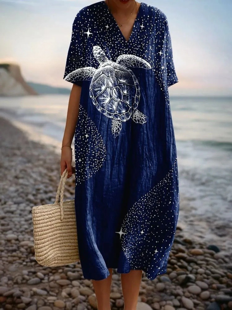 Women's Vintage Ocean Turtle Art Print Flowy Dress