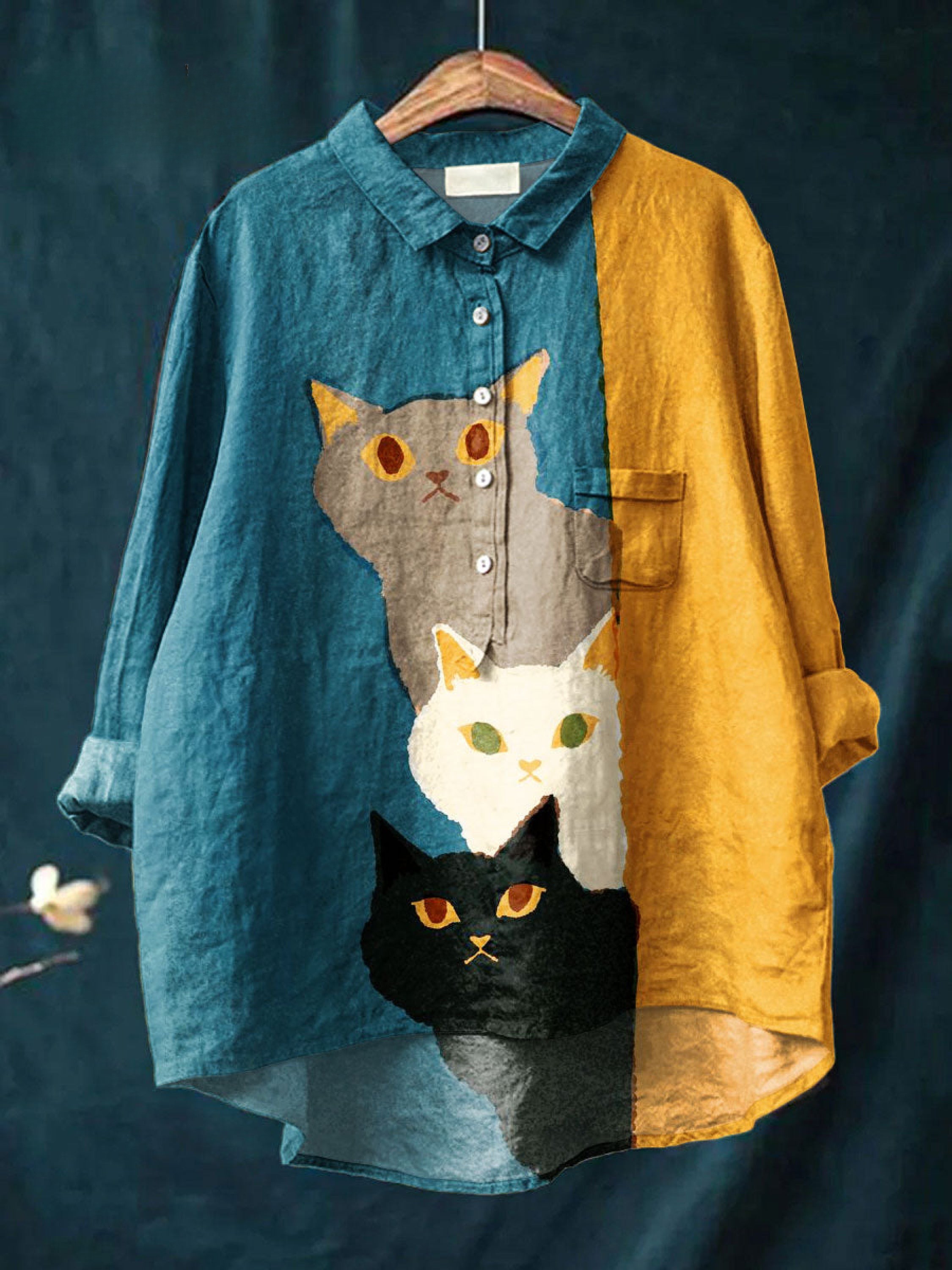 Women's Vintage Funny Cat Art Print Casual Shirt