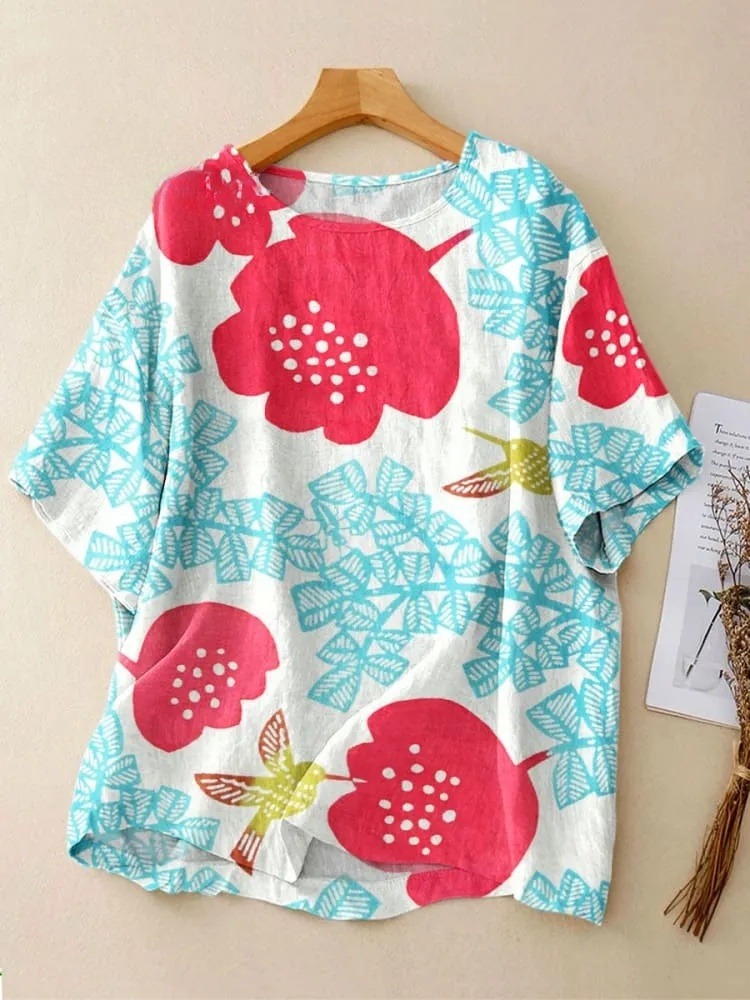 Women's Vintage Flower Art Print Casual Crew Neck Shirt