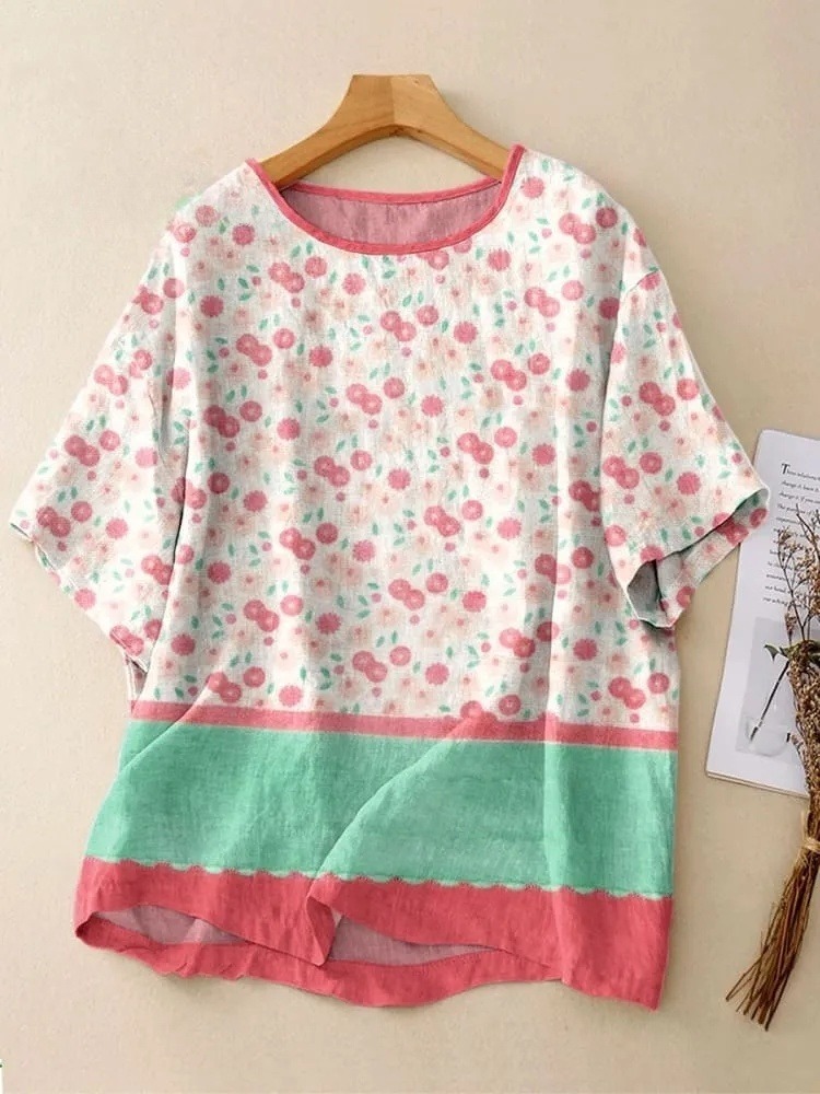 Women's Vintage Flower Art Print Casual Crew Neck Shirt