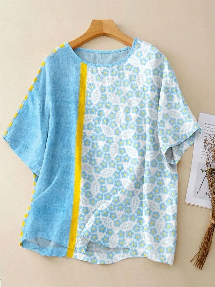 Women's Vintage Flower Art Print Casual Linen Crew Neck Shirt