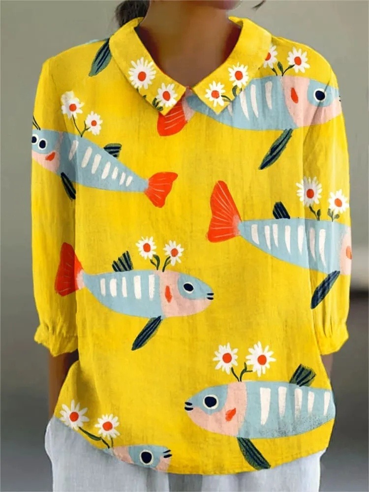 Women's Vintage Cute Fish and Flower Art Print Casual 3/4 Sleeve Shirt