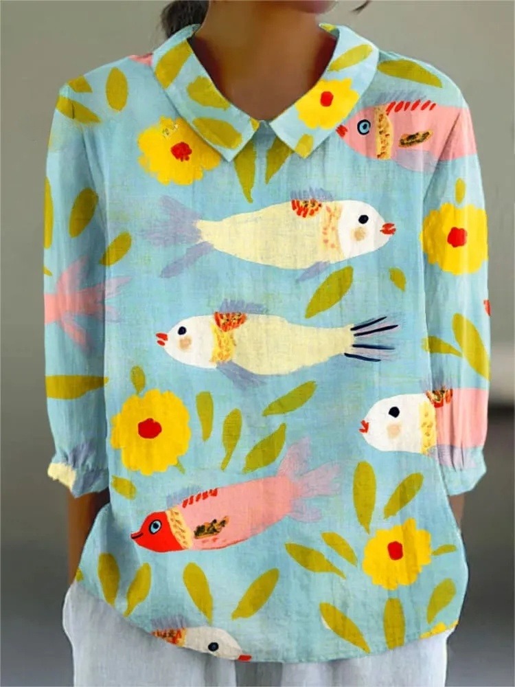 Women's Vintage Cute Fish and Flower Art Print Casual 3/4 Sleeve Shirt