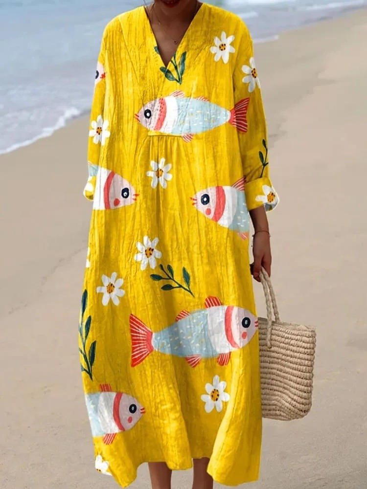 Women's Vintage Abstract Cute Fish and Flowers Art Print Dress