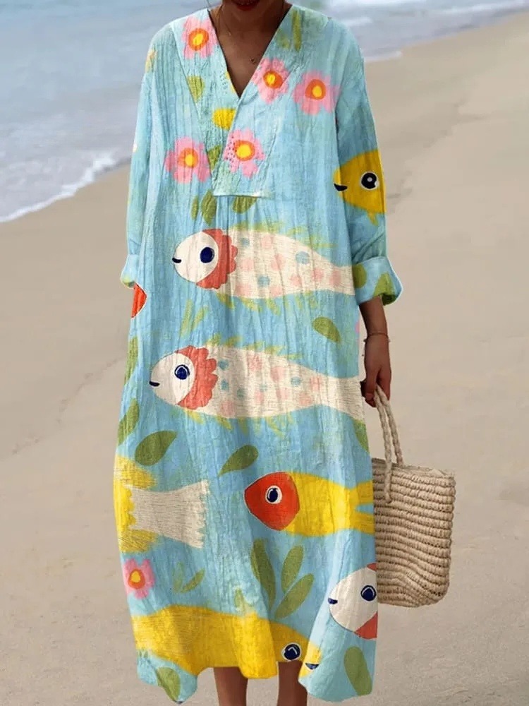 Women's Vintage Abstract Cute Fish and Flowers Art Print Dress