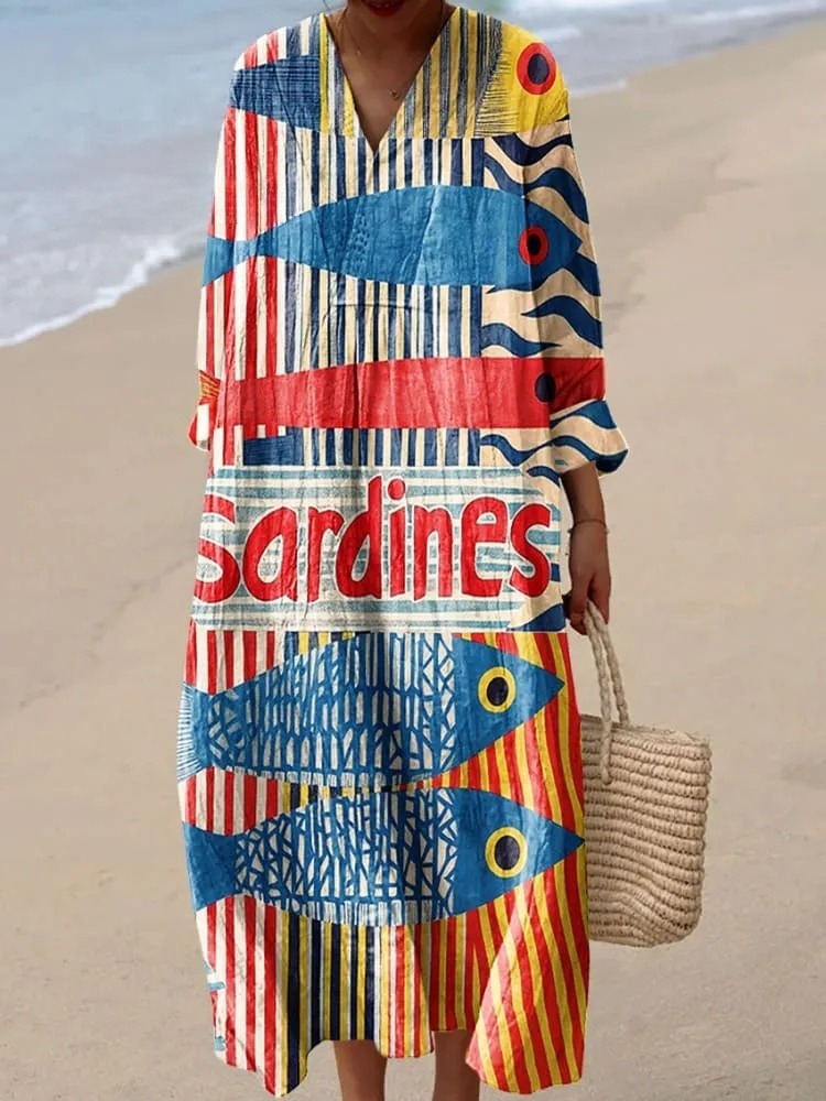 Women's Vintage Abstract Cute Fish Sardines Art Print Dress