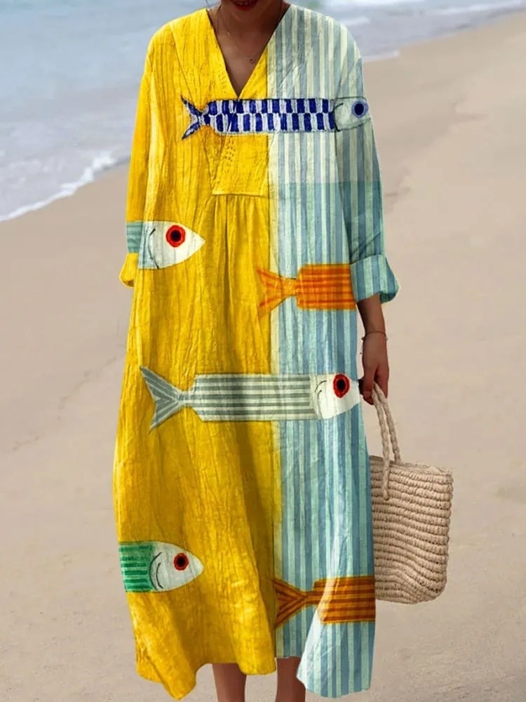 Women's Vintage Abstract Cute Fish and Flowers Art Print Dress