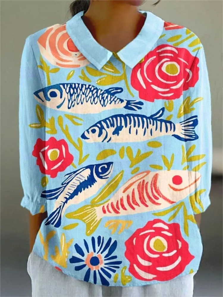 Women's Vintage Cute Fish and Flower Art Print Casual 3/4 Sleeve Shirt