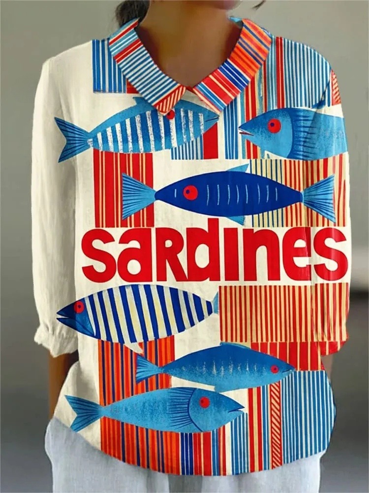 Women's Vintage Abstract Geometric Lines Sardines Art Print Casual 3/4 Sleeve Shirt