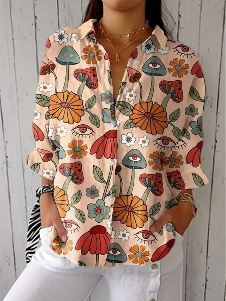 Women's Vintage Flower Art Print Casual V-neck Shirt