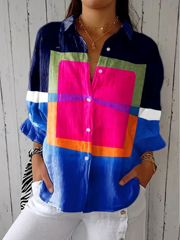 Women's Vintage Abstract Geometric Lines Art Print Casual V-neck Shirt