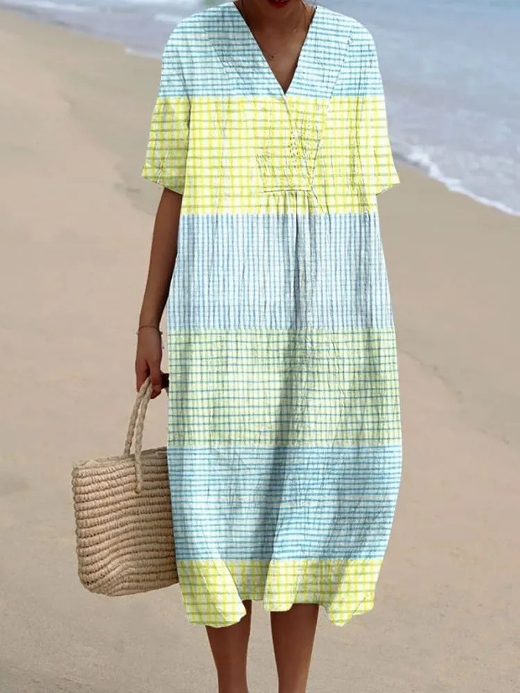 Women's Vintage Abstract Geometry Art Print Casual Linen V-neck Shirt