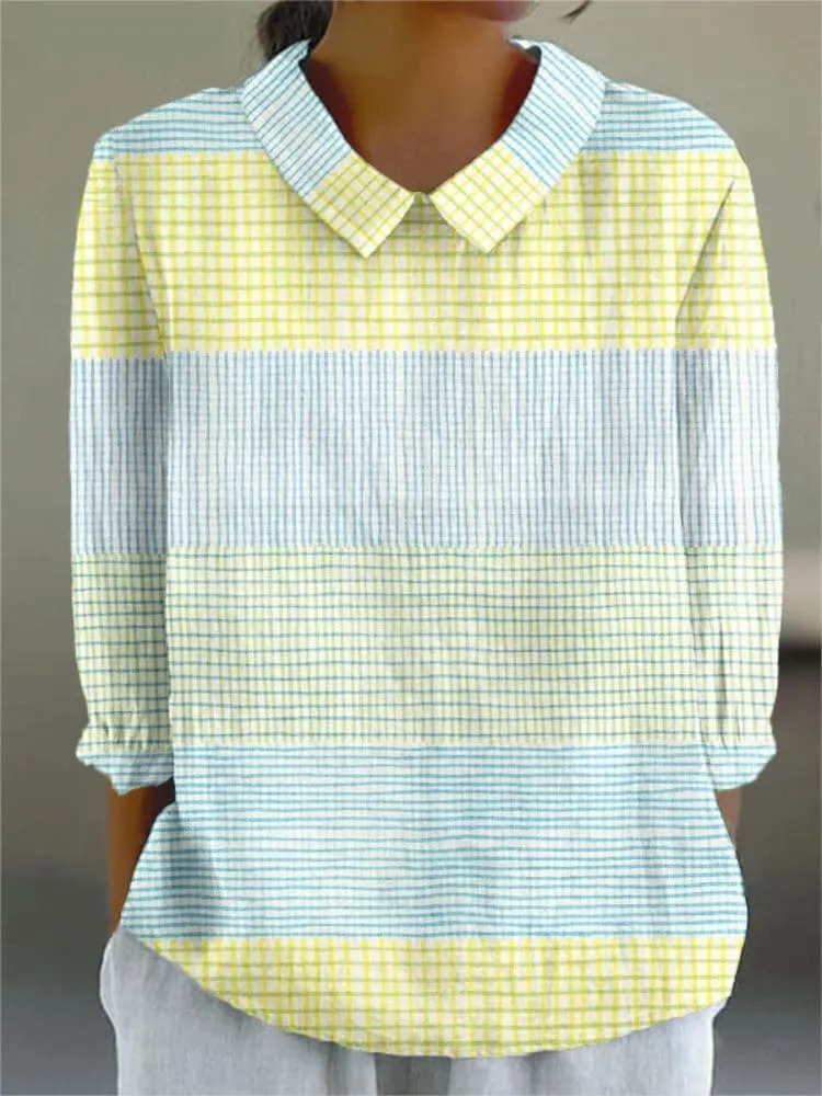 Women's Vintage Abstract Geometry Art Print Casual Linen V-neck Shirt