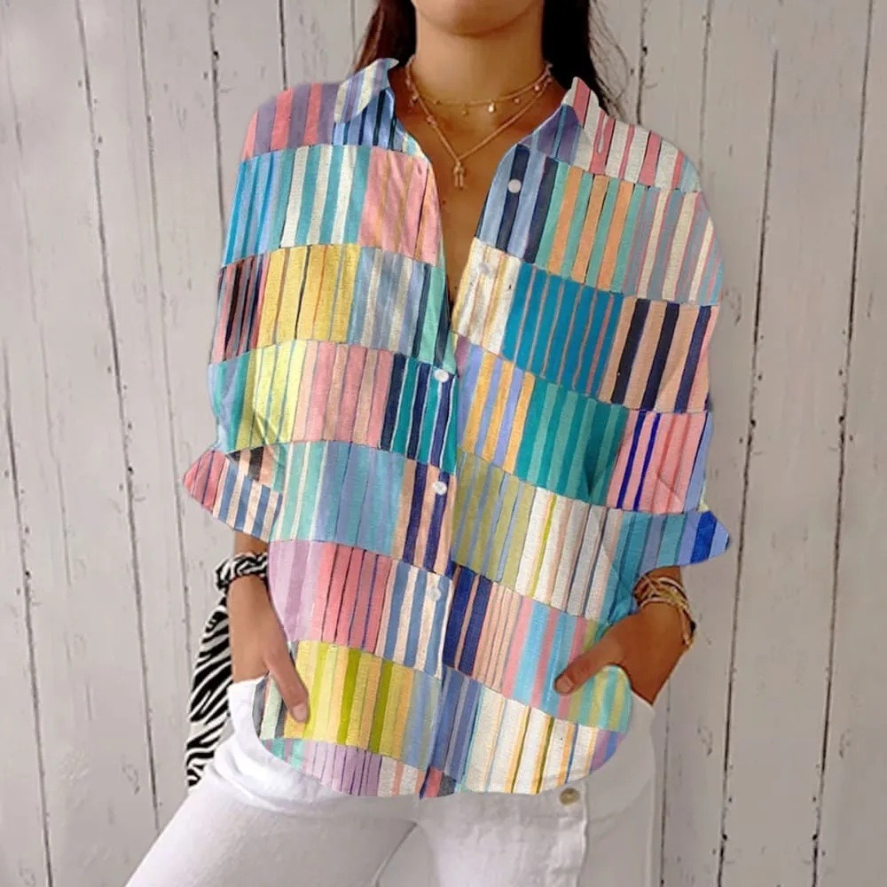 Women's Vintage Abstract Geometric Line Art Print Casual V-neck Shirt