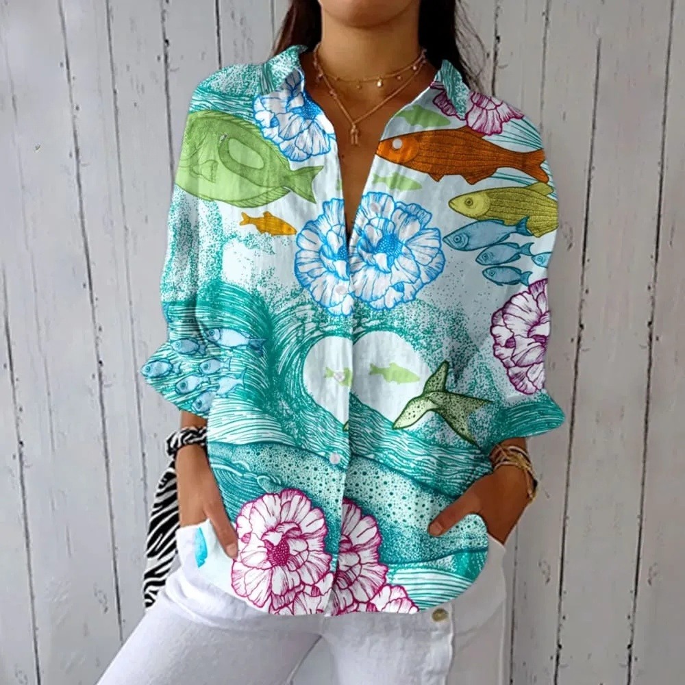 Women's Vintage Abstract Ocean Fish Art Print Casual V-neck Shirt