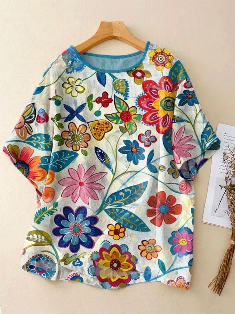 Women's Vintage Flower Art Print Casual Crew Neck Shirt