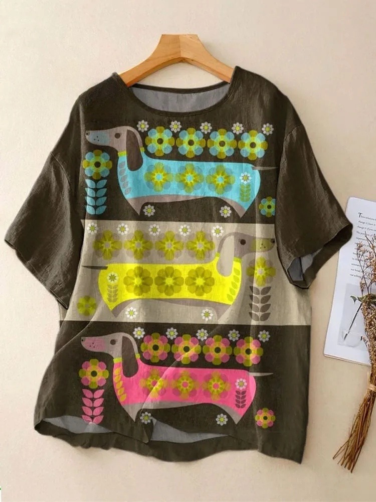 Women's Vintage Abstract Flower Dachshund Art Print Casual Crew Neck Shirt