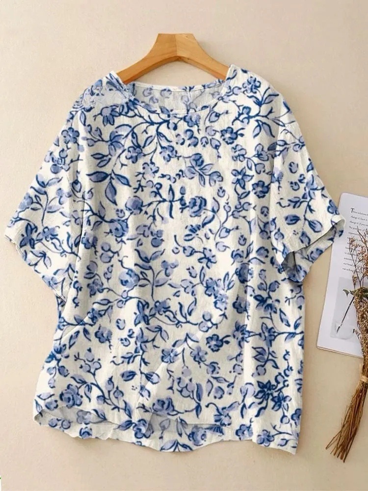 Women's Vintage Flower Art Print Casual Crew Neck Shirt