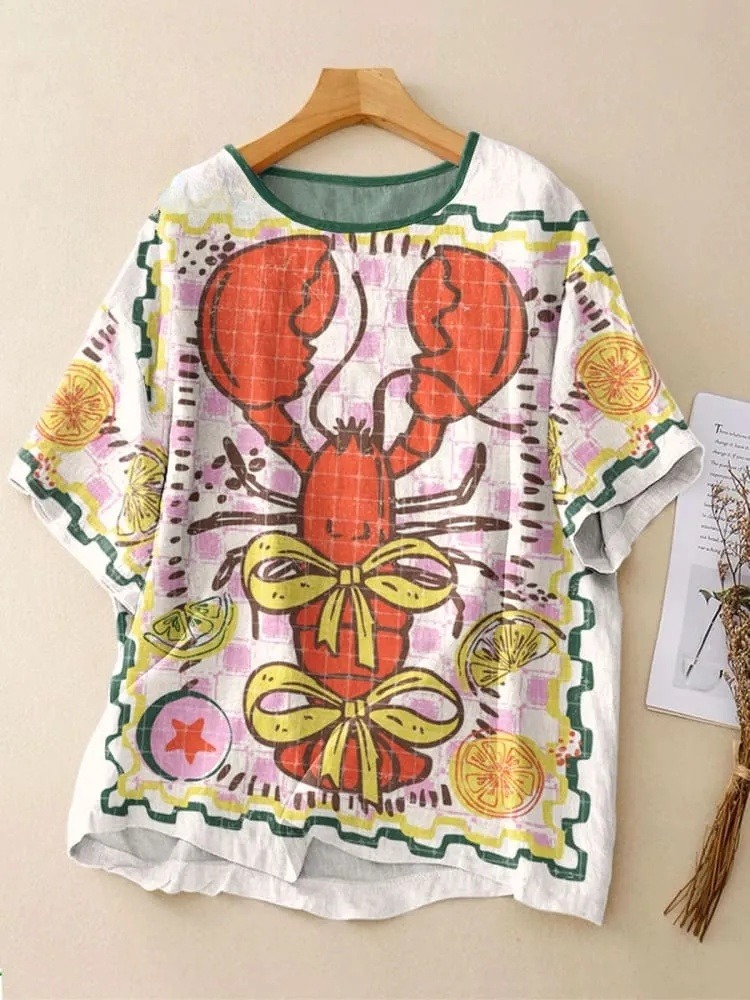 Women's Vintage Abstract Crawfish Boil Social Club Print Casual Crew Neck Shirt