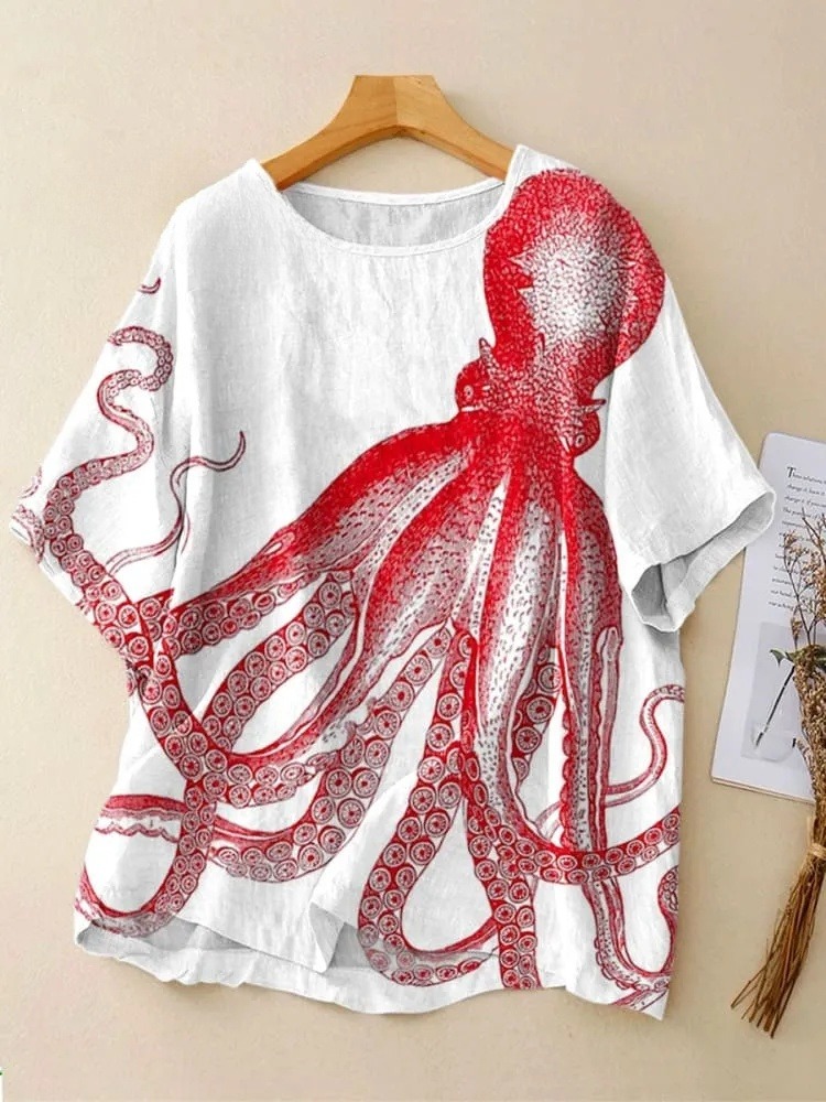 Women's Vintage Abstract Octopus Art Print Casual  Crew Neck Shirt