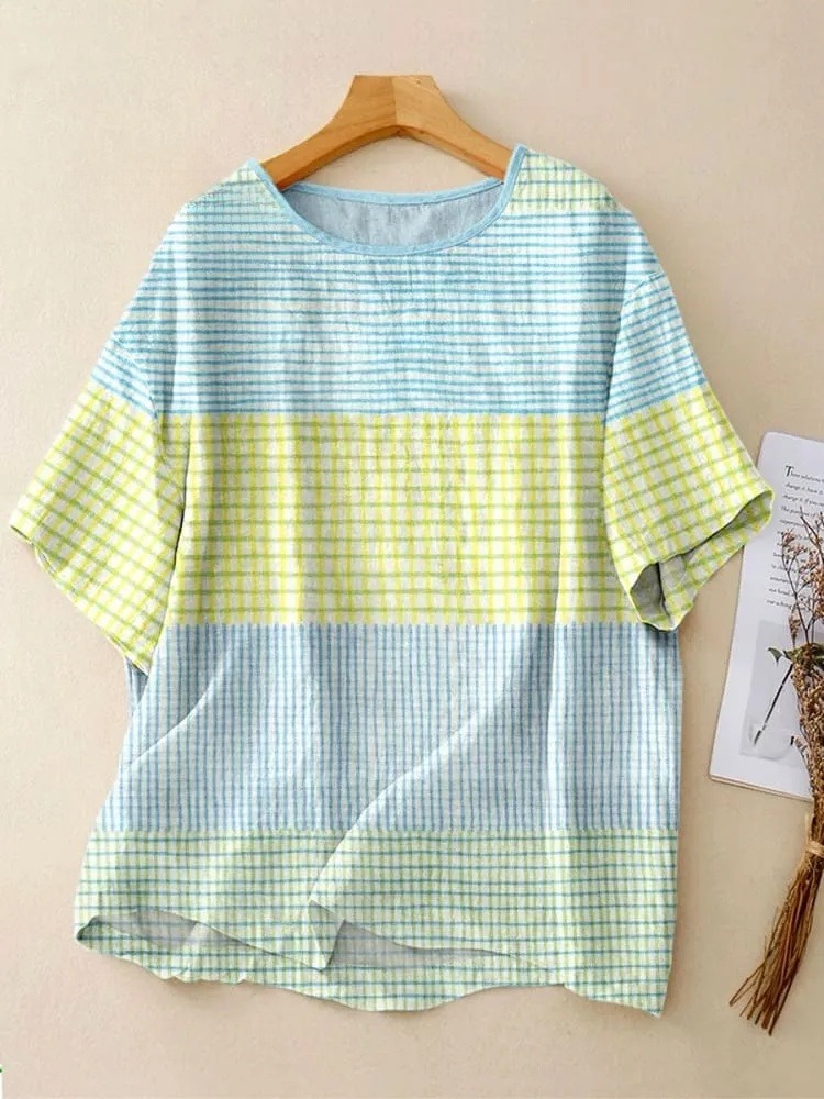 Women's Vintage Abstract Geometric Lines Print Casual Crew Neck Shirt