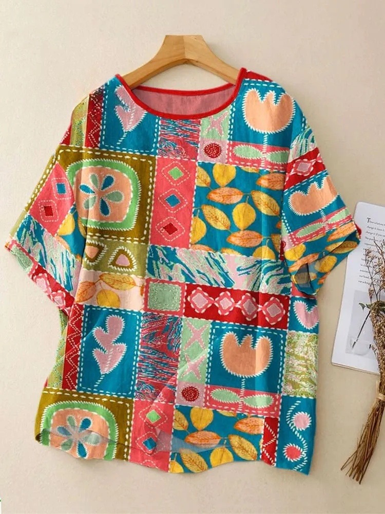 Women's Vintage Flower Art Print Casual Crew Neck Shirt