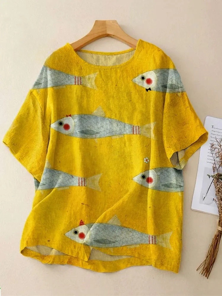 Women's Vintage Fish Sardines Art Print Casual Crew Neck Shirt