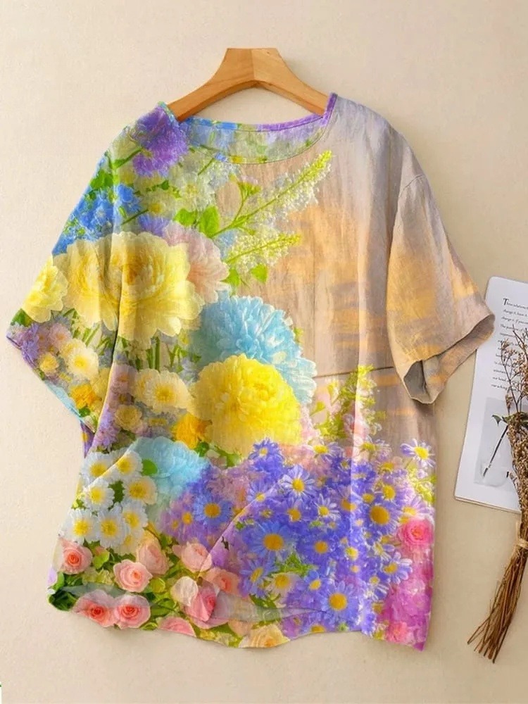 Women's Vintage Flower Art Print Casual Crew Neck Shirt
