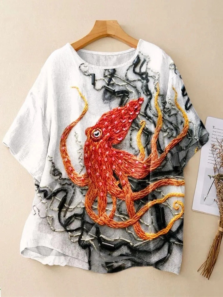 Women's Vintage Abstract Fish Octopus Art Print Casual Crew Neck Shirt
