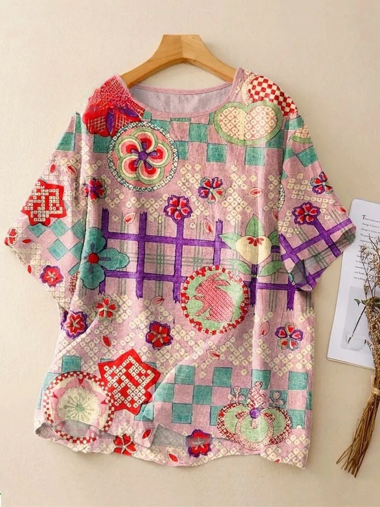 Women's Vintage Flower Art Print Casual Crew Neck Shirt