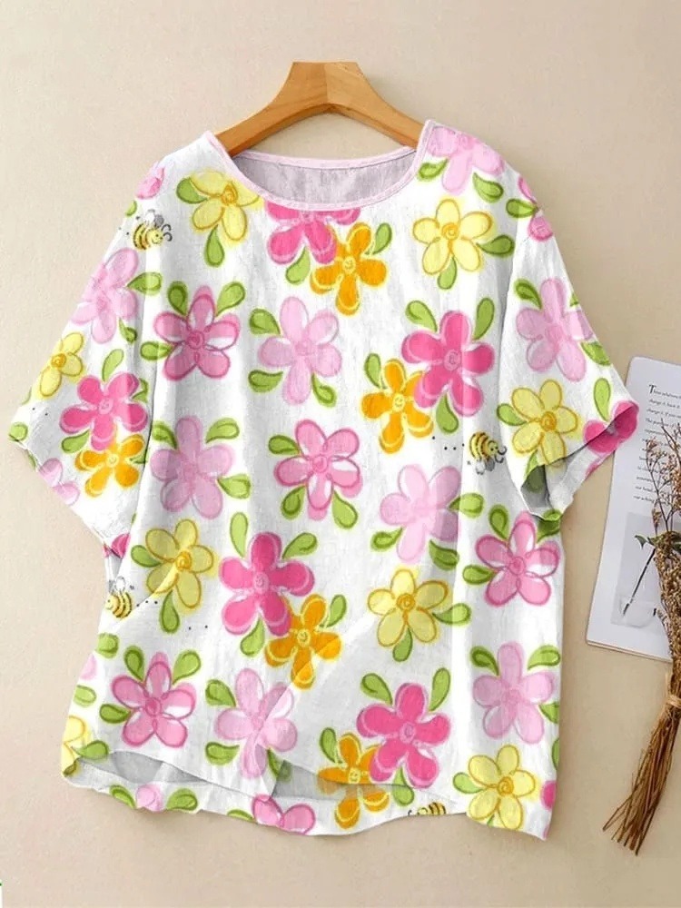 Women's Vintage Flower Art Print Casual Crew Neck Shirt