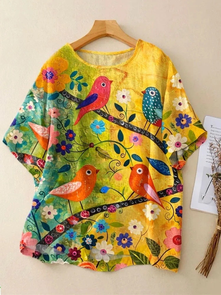 Women's Vintage Flowers and Birds Art Print Casual Crew Neck Shirt