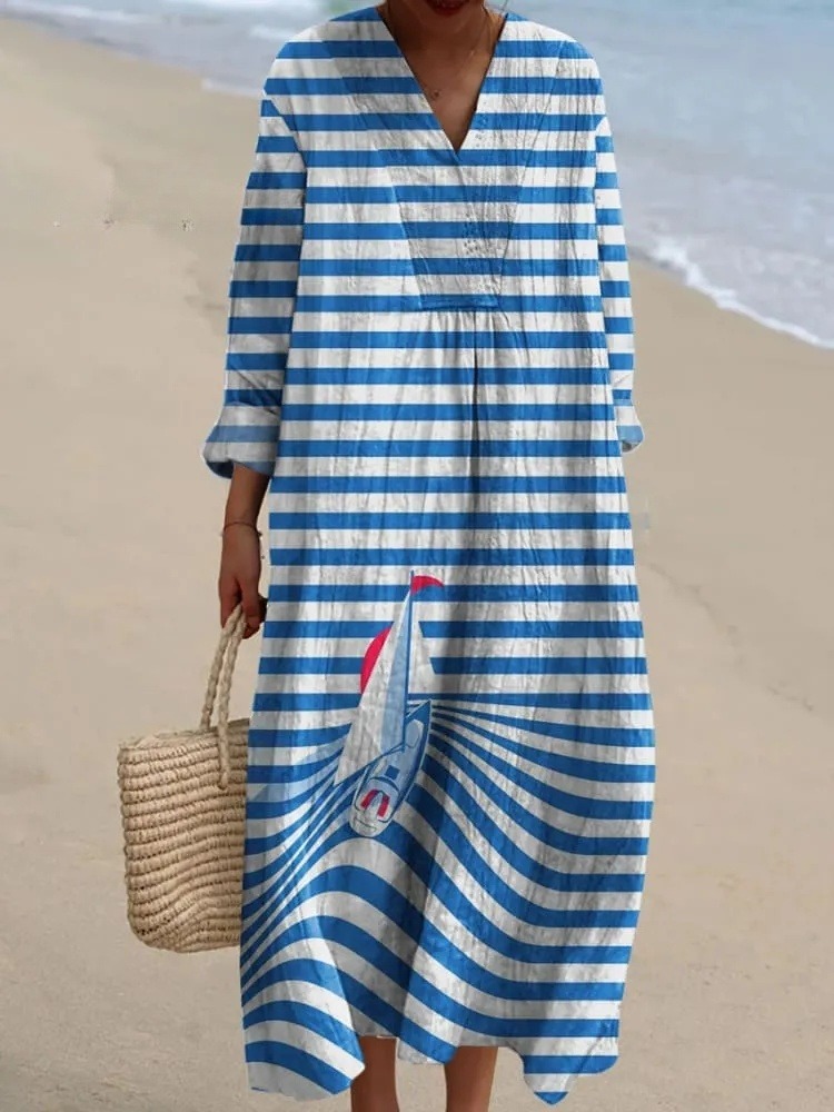 Women's Striped Sailboat Art Print Dress