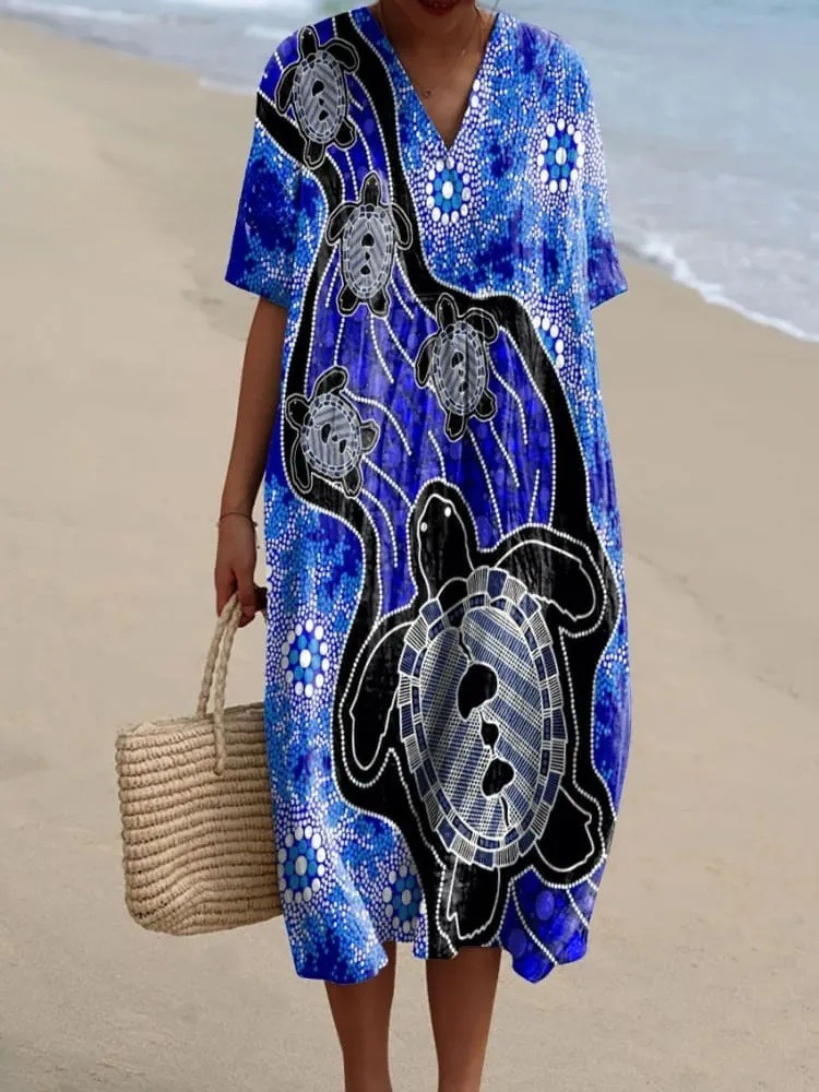 Women's Abstract Polka Dot Turtle Art Print Flowy Dress