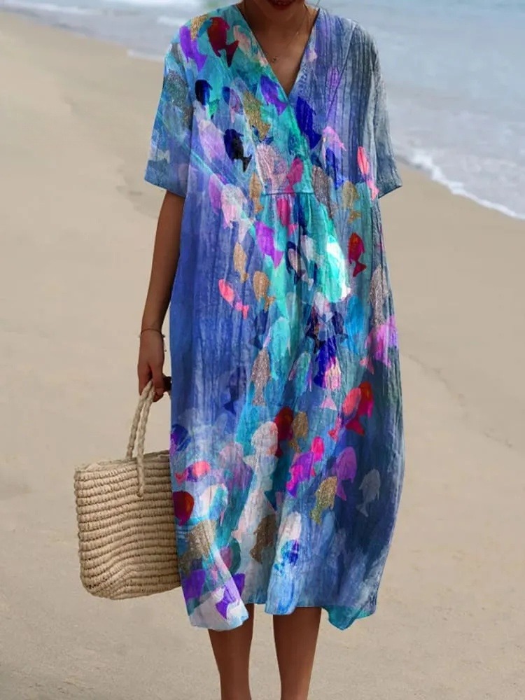 Women's Colorful Fish Art Print Flowy Dress