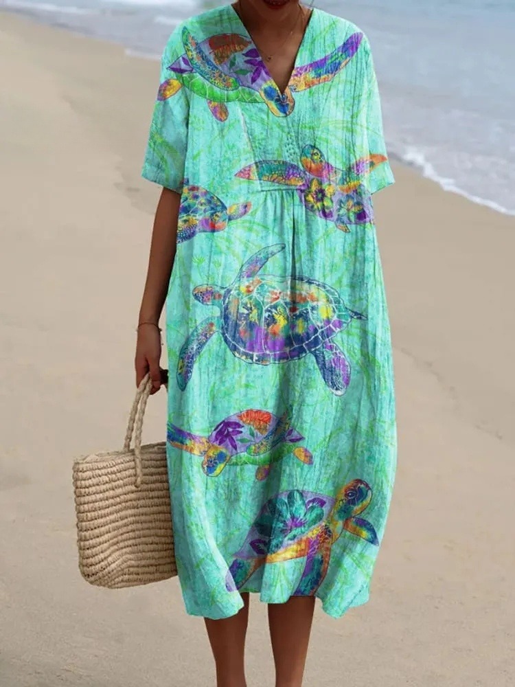 Women's Colorful Turtle Art Print Flowy Dress