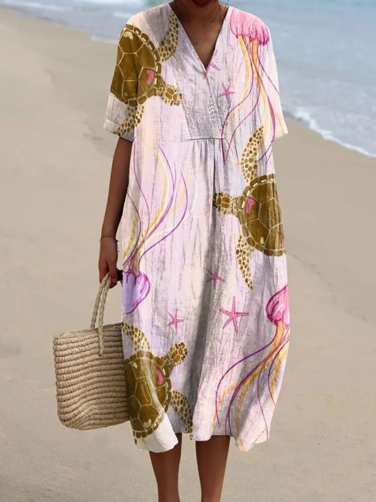 Women's Colorful Turtle Art Print Flowy Dress